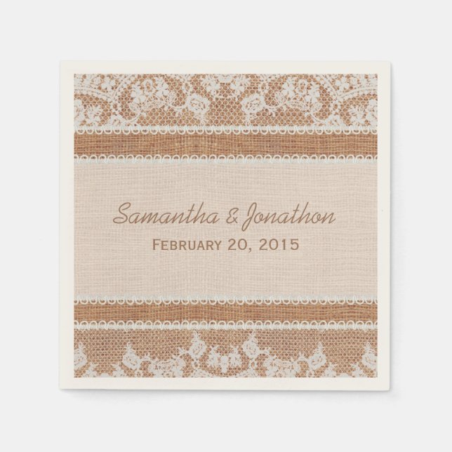 Serviettes En Papier Burlap Rustique & Mariage de dentelle Blanche (Devant)