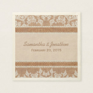 Serviettes En Papier Burlap Rustique & Mariage de dentelle Blanche