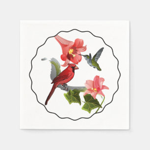 Serviettes En Papier Cardinal et colibri avec le lis et le lierre roses