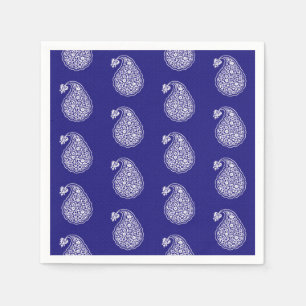 Serviettes En Papier Carreau persan à motif paisley - blanc sur bleu in