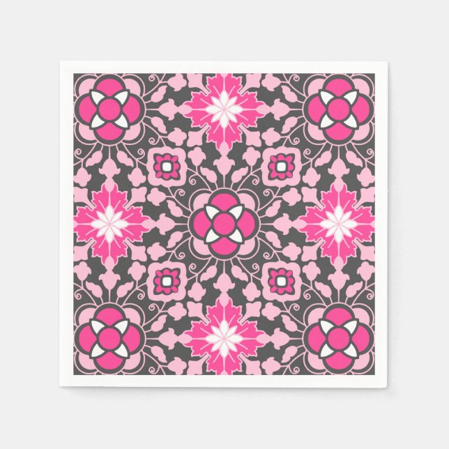 Serviettes En Papier Carrelage Floral marocain, Fuchsia rose & gris / G (Devant)