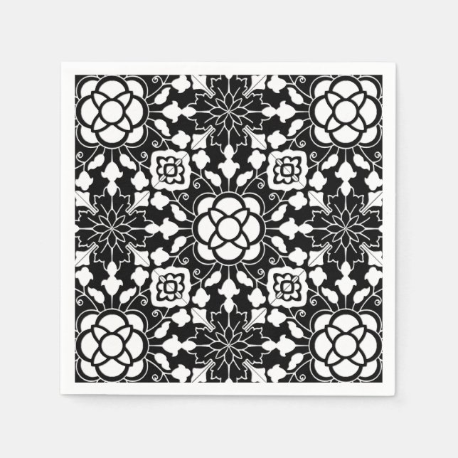 Serviettes En Papier Carrelage marocain floral, noir et blanc (Devant)