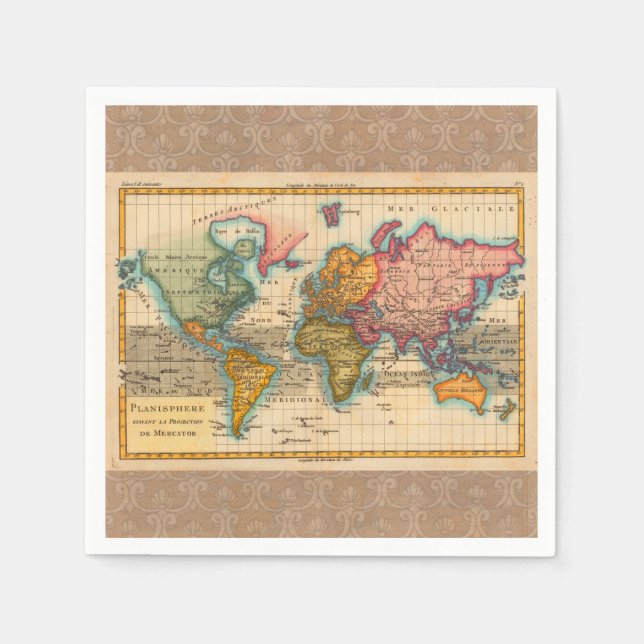 Serviettes En Papier Carte du monde 1700s Antique Continents (Devant)