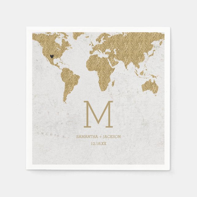Serviettes En Papier Carte Gold Foil World Destination Mariage Monogram (Devant)
