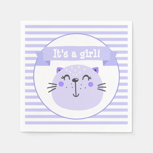 Serviettes En Papier C'est une fille | Chat mignon pourpre | BABY SHOWE (Devant)