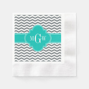 Serviettes En Papier Charbon fin Chevron Turquoise Quatrefoil 3 Monogra