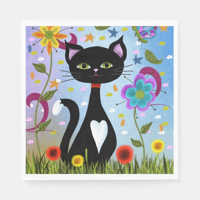 Serviettes En Papier Chat Dans Un Jardin Art Abstrait (Devant)