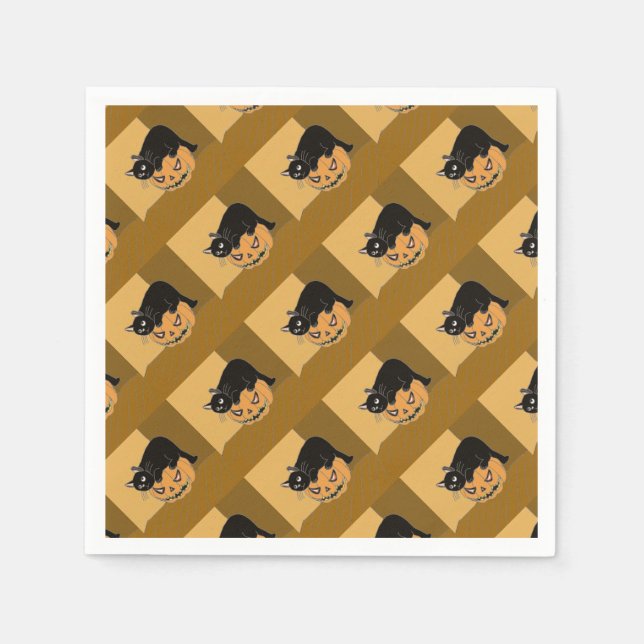Serviettes En Papier Chat noir sur un Citrouille (Devant)