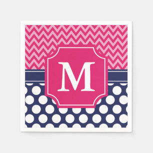 Serviettes En Papier Chaud rose et Navy Chevron Zigzag Pois Monogramme