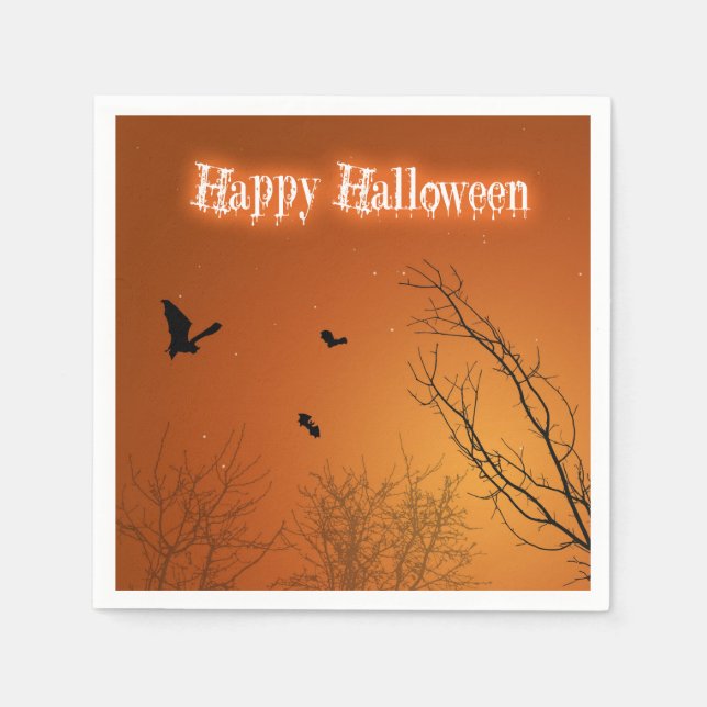 Serviettes En Papier Chauves-souris et arbres d'Halloween (Devant)
