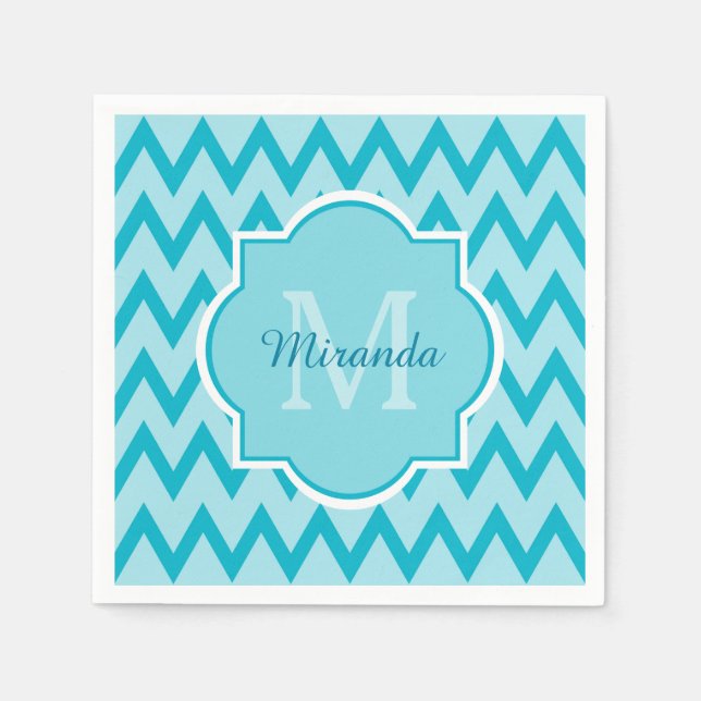 Serviettes En Papier Chevron Zigzag Nom et Monogramme tendance Turquois (Devant)
