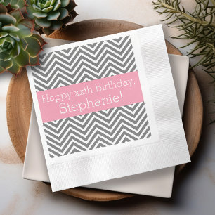 Serviettes En Papier Chevrons Gris et Rose - Anniversaire Imprimé sur M