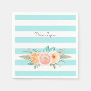 Serviettes En Papier Chic Aqua Stripes Feminine Floral et nom