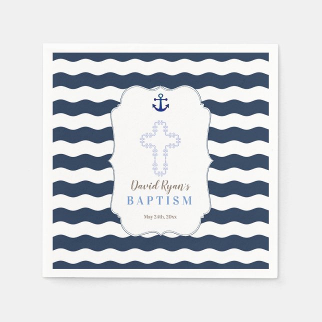 Serviettes En Papier Chic Baptême Nautique Vagues Ancre (Devant)