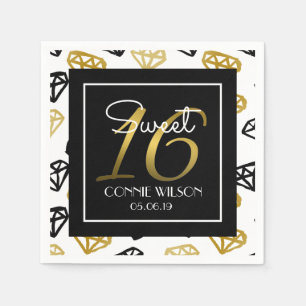 Serviettes En Papier Chic Black & Gold Diamond 16e anniversaire personn