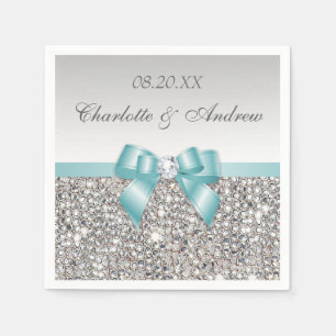 Serviettes En Papier Chic Faux Turquoise Bow Silver Sequins Mariage