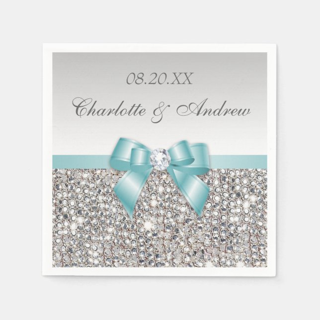 Serviettes En Papier Chic Faux Turquoise Bow Silver Sequins Mariage (Devant)