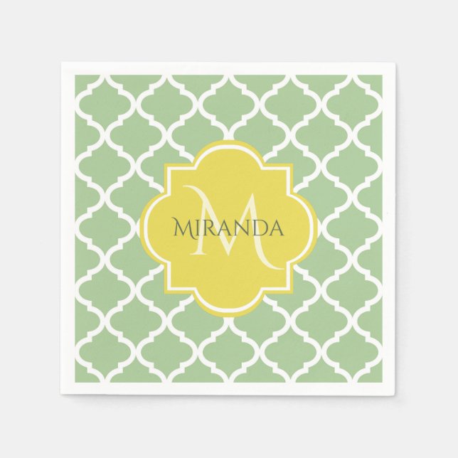 Serviettes En Papier Chic Pastel Green Quatrefoil Jaune Nom Monogramme (Devant)