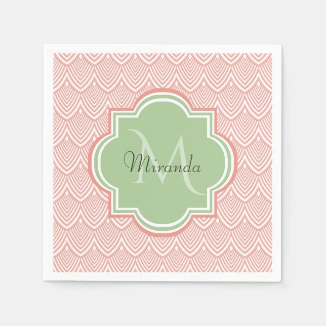 Serviettes En Papier Chic Pink Arched Scallops Soft Green Monogramme No (Devant)