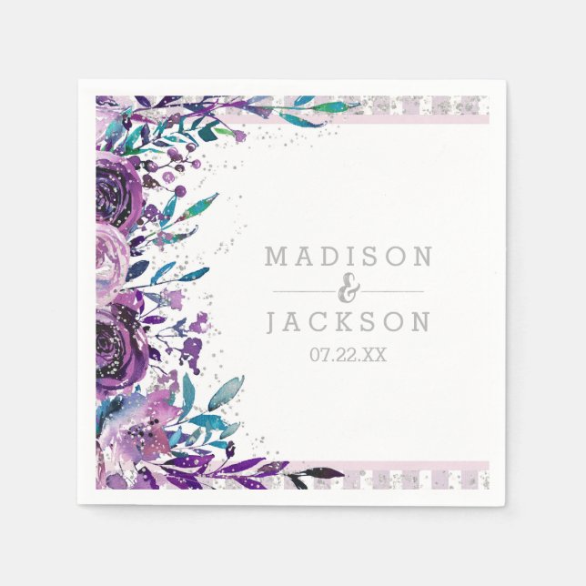 Serviettes En Papier Chic violet Floral et Mariage de monogramme d'arge (Devant)
