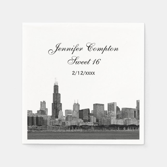 Serviettes En Papier Chicago Etched Look Skyline Sweet 16 (Devant)