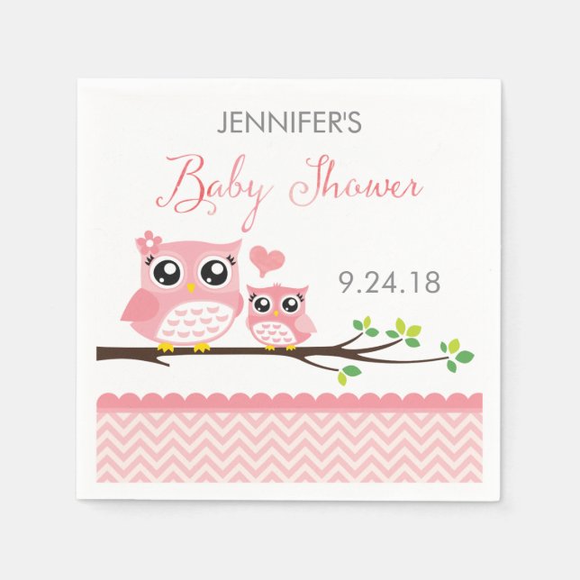Serviettes En Papier Chouette Baby shower | Fille Chevron Rose Personna (Devant)