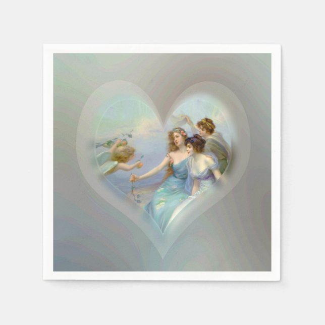 Serviettes En Papier Coeur avec Cupidon et Dames (Devant)