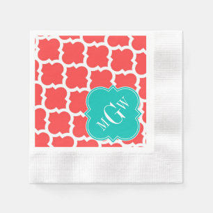 Serviettes En Papier Coral Red Wht Moroccan #5 Teal 3 Initial Monogram