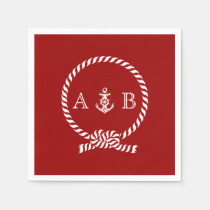 Serviettes En Papier Corde marine rouge et Ancre Monogrammé