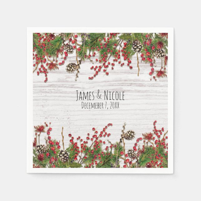 Serviettes En Papier Country Winter Holiday Berries & Pine Cone Mariage (Devant)
