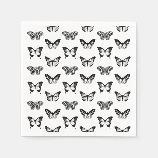 Serviettes En Papier Croquis papillon, noir et blanc (Devant)