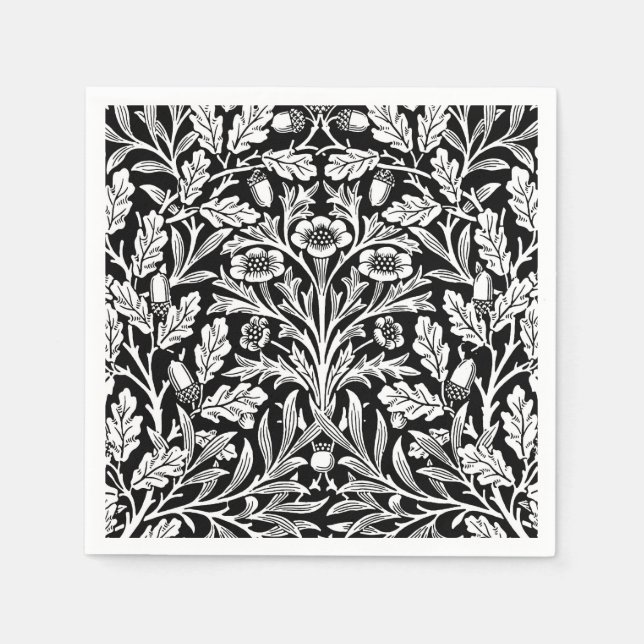 Serviettes En Papier Damas florales Art Nouveau, noir et blanc (Devant)