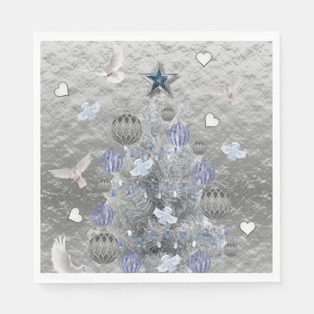 Serviettes en papier de Noël, Arbre en argent bleu (Devant)