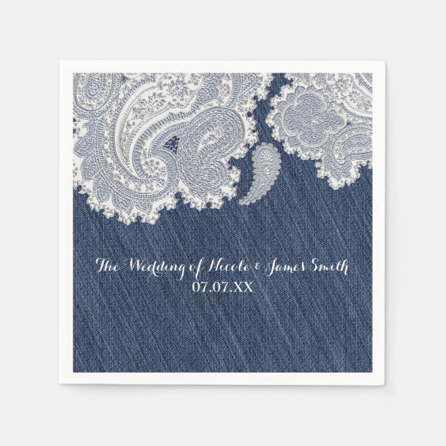 Serviettes En Papier Denim Jean & White Lace Élégante Mariage nuptiale (Devant)