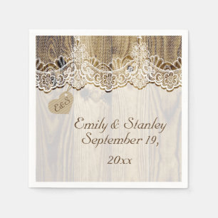 Serviettes En Papier Dentelle blanche & coeur sur vieux bois mariage ru