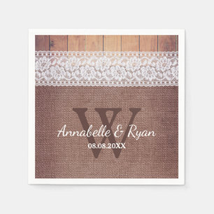Serviettes En Papier Dentelle et bois de Burlap rustique Mariage mono