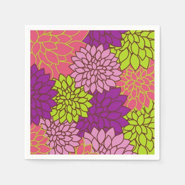Serviettes En Papier Design floral gras en vert citron, rose, violet (Devant)