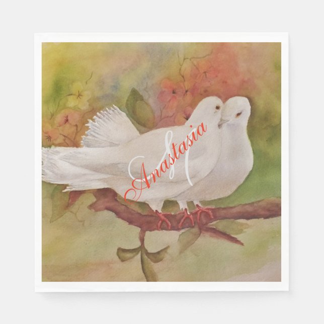 SERVIETTES EN PAPIER DEUX DOVES BLANCHES PARTI MONOGRAMME (Devant)