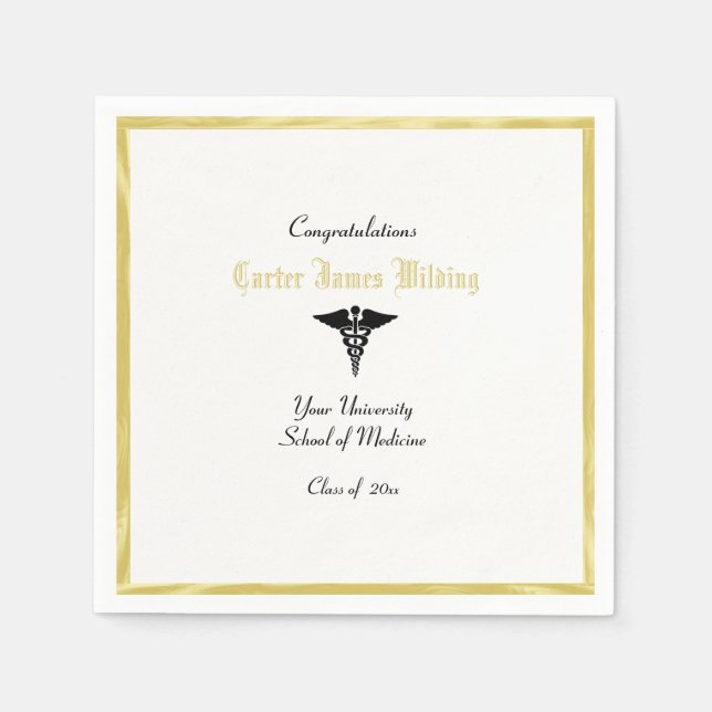 Serviettes En Papier Diplôme, École Médicale, Caducée, Or (Devant)