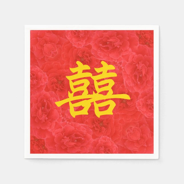 Serviettes En Papier Double Bonheur Riche Rose Rouge Fleurs (Devant)