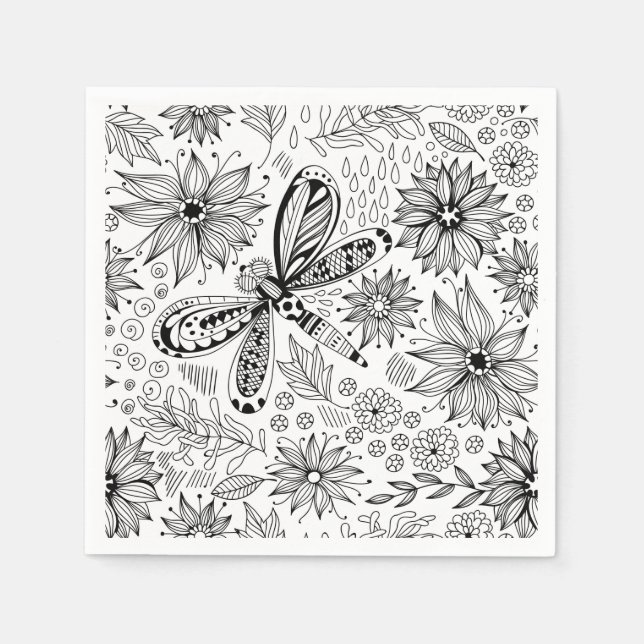 Serviettes En Papier Dragonfly et doodle de fleurs (Devant)