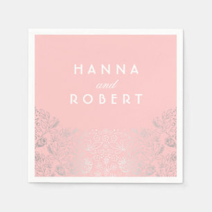 Serviettes En Papier Effet Foil Argent Floral Campagne Mariage rose