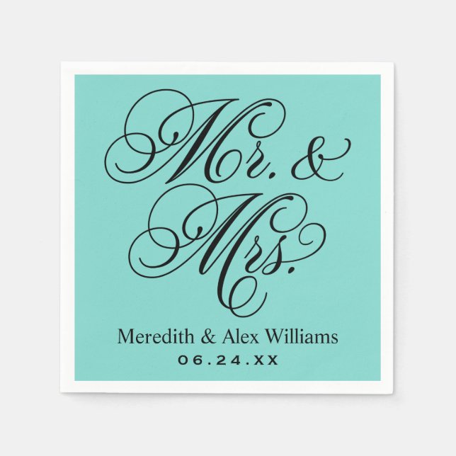 Serviettes En Papier Elégant Aqua Blue Mr et Mme Script Monogram (Devant)