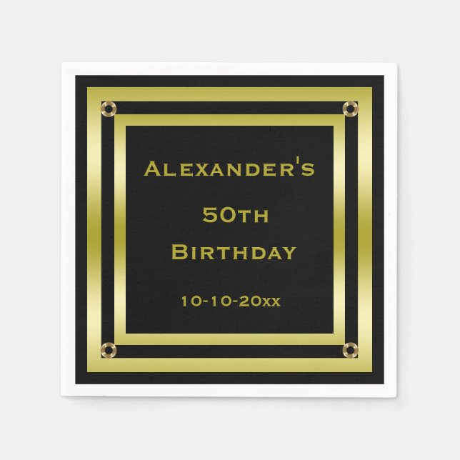 Serviettes En Papier Elégant Black & Gold encadré homme's 50e anniversa (Devant)