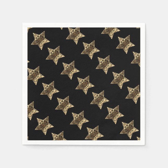 Serviettes En Papier Elégant Black Gold Look Christmas Stars Motif (Devant)