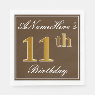 Serviettes En Papier Elégant Brown, Faux Gold 11ème anniversaire + Nom