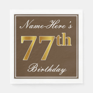 Serviettes En Papier Élégant Brown, Faux Gold 77e anniversaire + Nom