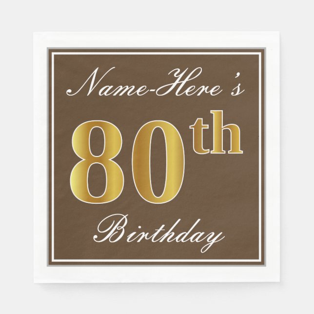 Serviettes En Papier Elégant Brown, Faux Gold 80e anniversaire + Nom (Devant)