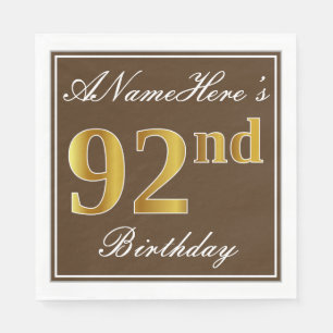 Serviettes En Papier Elégant Brown, Faux Gold 92ème anniversaire + Nom