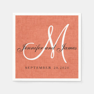 Serviettes En Papier Élégant corail lin Monogramme Mariage papier servi